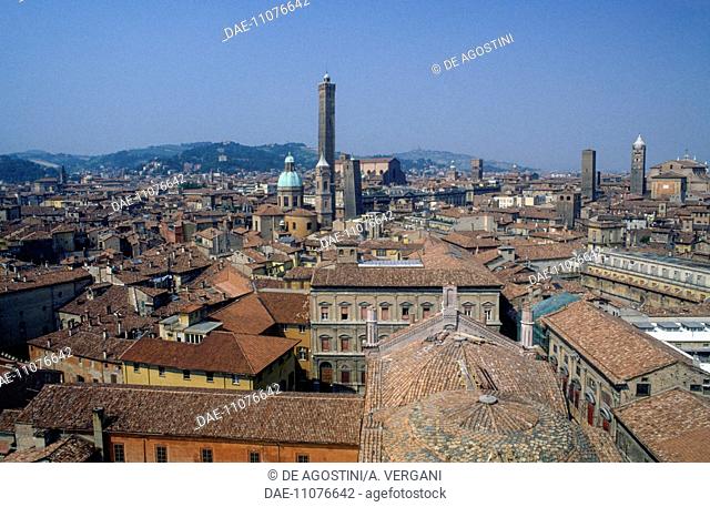 Aerial view of the old town of Bologna with the tower of Asinelli from the Basilica of San Giacomo Maggiore, Emilia Romagna, Italy