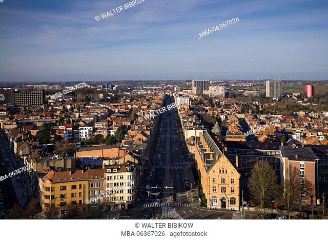 Belgium, Brussels, Koekelberg, Basilique nationale du Sacre-Coeur basilica, elevated city skyline view from the roof