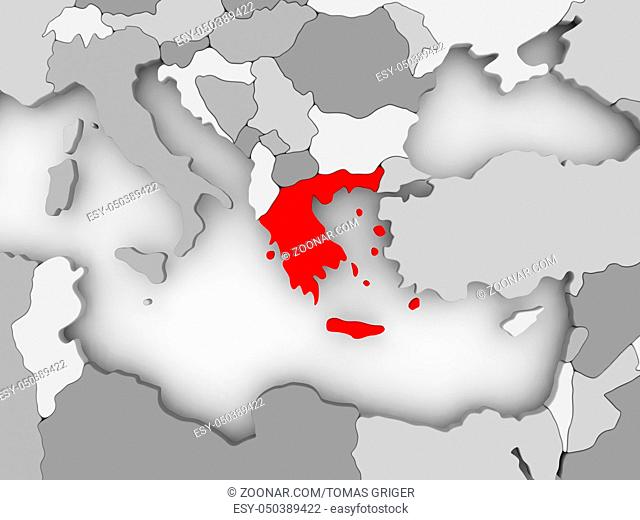 Greece in red on grey political map. 3D illustration