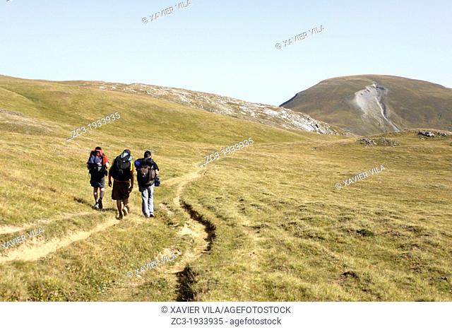 Hiking on the plateau of Emparis, Massif de l'Oisans, near the natural park of les Ecrins, Isère, Rhône-Alpes, France