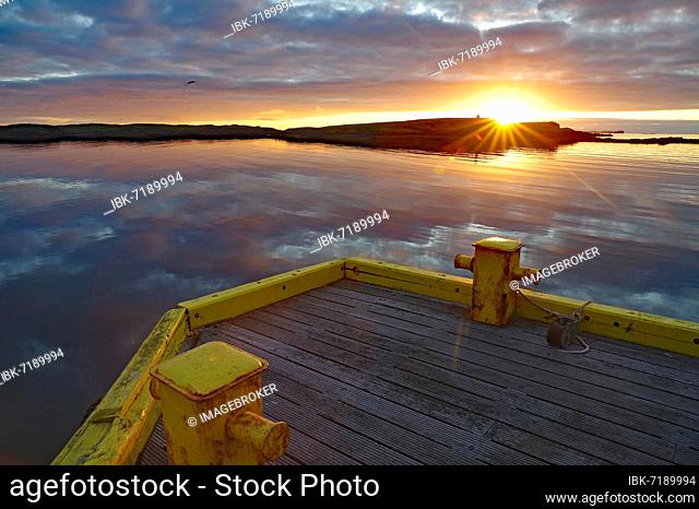 Sunset, Harbour pier and islands, Stykkishólmur, Vesturland, Snaefelsnes, Iceland, Europe