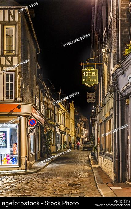 Colorful Old Cobblestone Street Night Hotel Stores Honfluer France