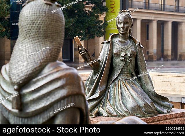 Female figure in 18th century clothes, bronze statue in the monument to Francisco de Goya, Basilica Cathedral of Our Lady of Pilar, Plaza del Pilar, Zaragoza