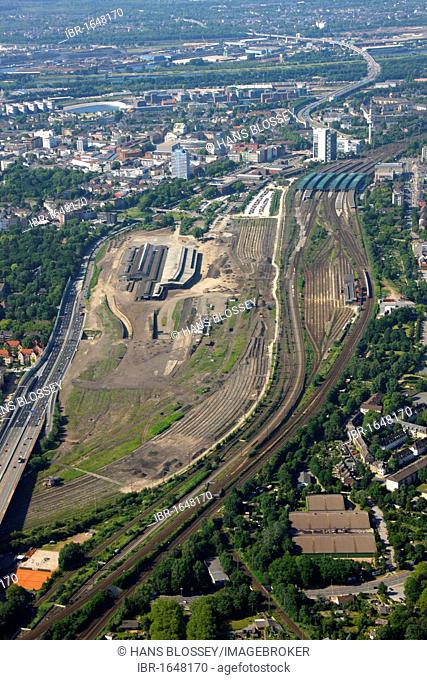 Aerial view, projected furniture shop, memorial site to the victims of the Loveparade, event site of the Loveparade 2010, Gueterbahnhof Duisburg goods station