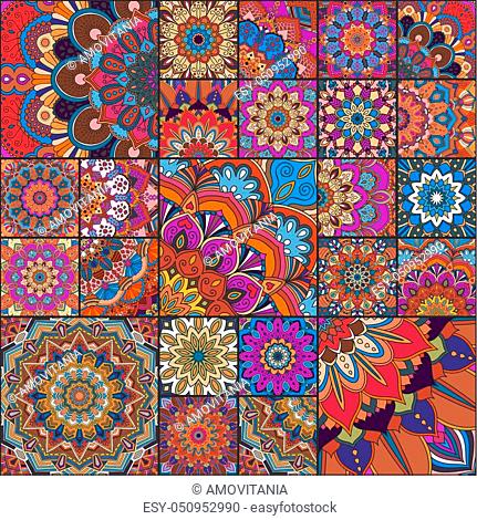 Boho tile set. Colorful patchwork for fabric print, furniture, wallpaper, fashionable textile. Square design elements. Unusual flower ornament