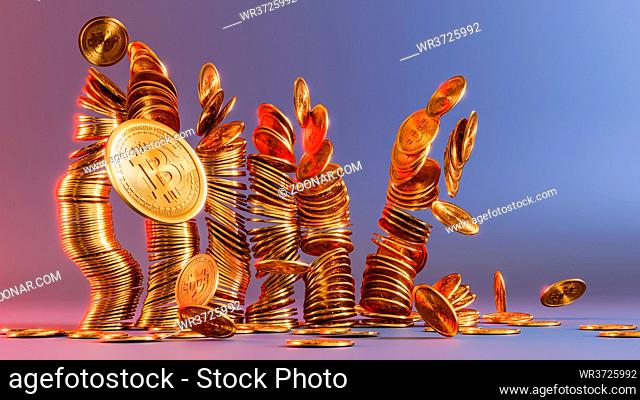 Cryptocurrency Bitcoin golden coins spilling on the table. Crypto investment concept background