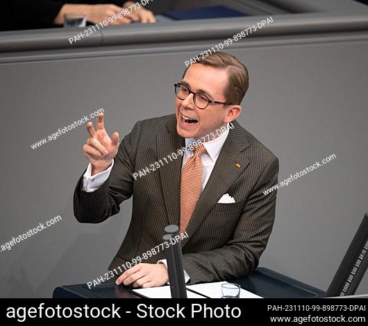 10 November 2023, Berlin: Philipp Amthor (CDU) speaks during the debate on the future funding of political foundations in the plenary session of the German...