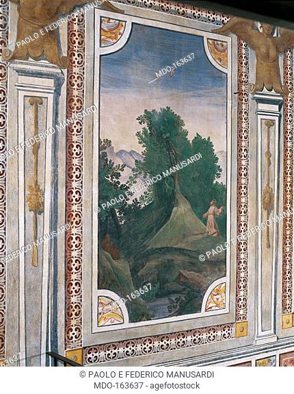 Landscape with Ecstasy of St Francis, by Carlo Antonio Procaccini, 1595 - 1600 about, 16th Century, fresco, . Italy, Lombardy, Milan, Corbetta