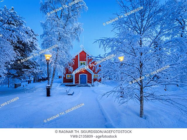 Small Wooden Church in Jukkasjarvi. Sweden. Cold winter with temperatures as low as -47 celsius. Lapland, Sweden
