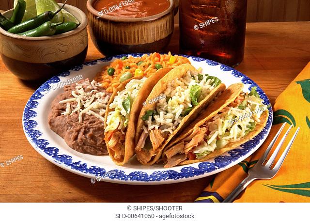 Chicken Tacos with Refried Beans, Rice