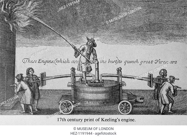 Keeling's Engine, 17th century. An early form of firefighting, with a large pump powered by four men. A fifth aims the hose at the flames