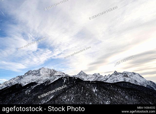 The Karwendel, the northern Karwendel range above Mittenwald in winter with snow and clouds