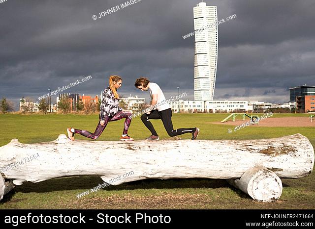Couple exercising together, Malmo, Sweden