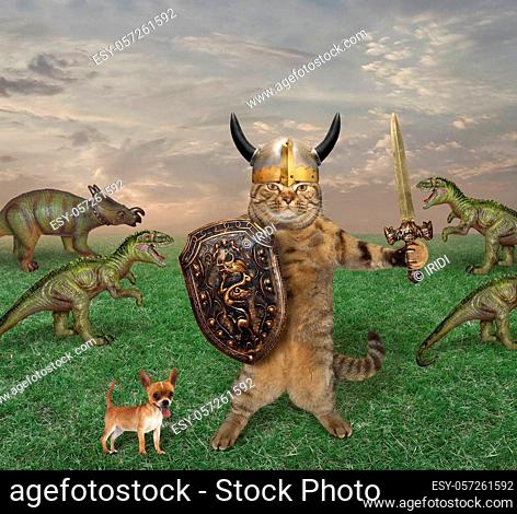 The cat warrior with a sword and a shield fights the dinosaurs in the field. His dog is next to him