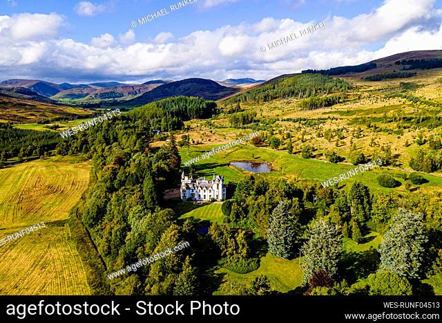 UK, Scotland, Aerial view of Dalnaglar Castle and surrounding landscape