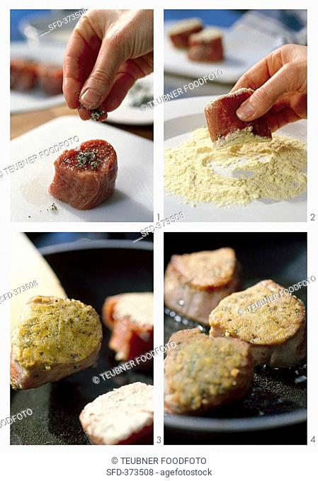 Preparing and cooking pork medallions coated in cornmeal
