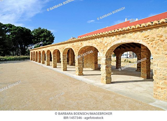 Covered promenade, arcades, village square, village Jesus Pobre, Javea, Costa Blanca, Alicante province, Spain, Europe