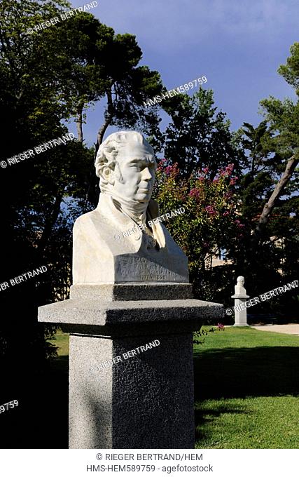 France, Herault, Beziers, Plateau des Poetes landscaped gardens, the poet Jean Pons Guillaume Viennet bust