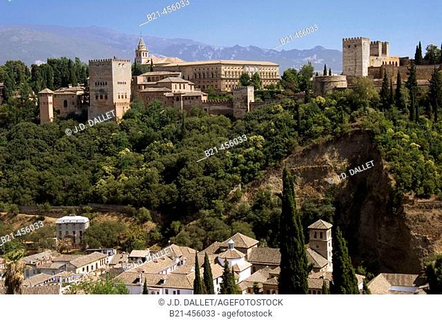 The Alhambra of Granada, view from the Albayzin. Granada. Andalucia. Spain