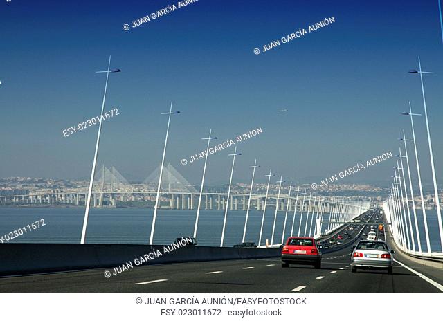 Driving along car the Vasco da Gama Bridge, the the longest one in Europe