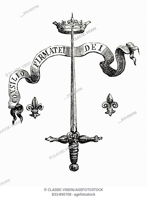 Coat of arms of the family of Joan of Arc, alias Du Lye. The blade of a silver sword, the point supporting a golden crown, and flanked with two Fleurs-de-lis