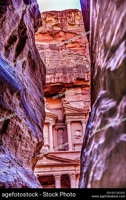 Outer Siq Rose Red Pink Treasury Afternoon Petra Jordan Treasury built by Nabataens in 100 BC. Yellow Canyon becomes rose red when sun goes down