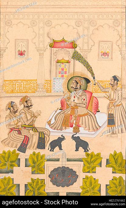 Maharana Amar Singh II Is Shown Two Silver Elephants, ca. 1705. Creator: Stipple Master