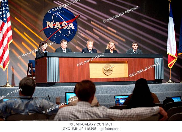 The STS-135 crew members along with Public Affairs Office moderator Nicole Cloutier (left) are pictured during a preflight press conference at NASA's Johnson...