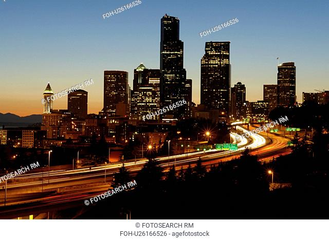 Seattle, WA, Washington, downtown, skyline, I-5, evening