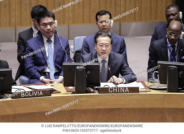 United Nations, New York, USA, May 15, 2018 - Ma Zhaoxu, Permanent Representative of China to the United Nations addresses the Security Council meeting on the...