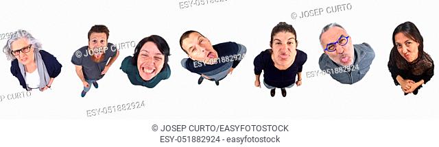 group of people making faces on white