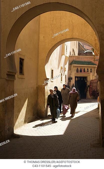 Morocco - Arcades and alley in the Medina = the original Arab part of a town of Marrakesh