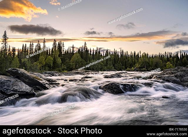 Rapids of the river Gamajåhkå, evening mood, Kvikkjokk, Laponia, Norrbotten, Lapland, Sweden, Europe