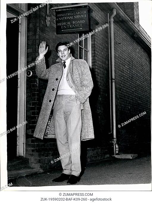 Feb. 02, 1959 - Marty Wilde has his Army Medical. Photo shows The 19 year old rock n roll star, Marty Wilde, pictured leaving the Army Medical Board centre in...