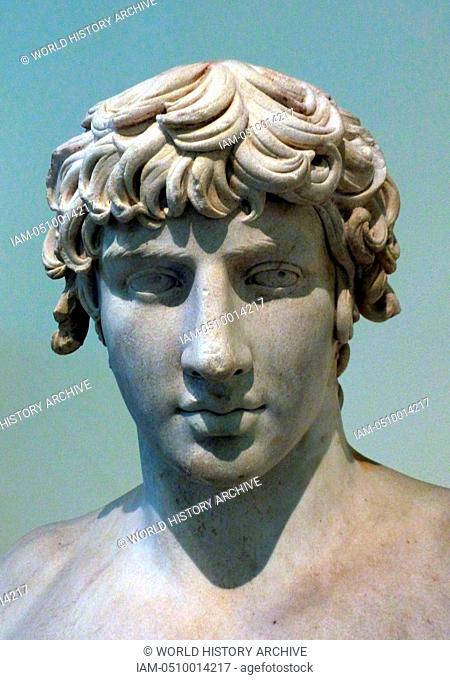 Portrait bust of Antinous. Thasian marble. Found at Patras. The youth Anthinoos of Bithyna, in Asia Minor was the favourite of the emperor Hadrian