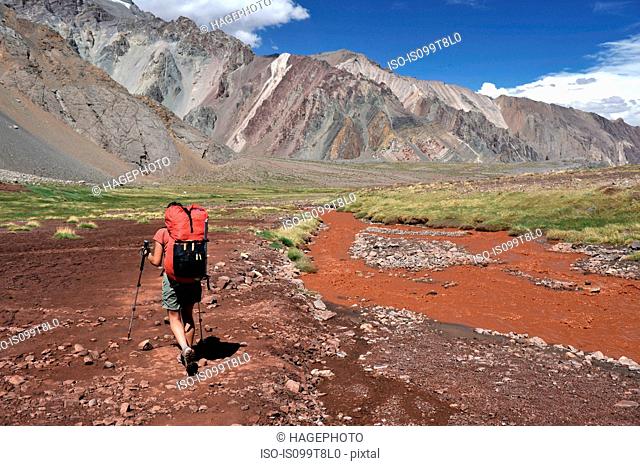 Woman descends the Horcones Valley from Plaza de Mulas on Aconcagua in the Andes Mountains, Mendoza Province, Argentina