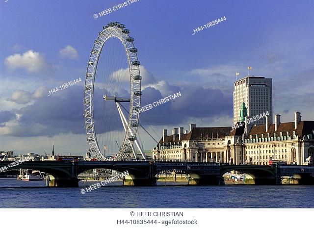 UK, London, London Eye, Thames River, Westminster, Great Britain, Europe, England, Millennium Wheel, Ferris wheel, Aqu