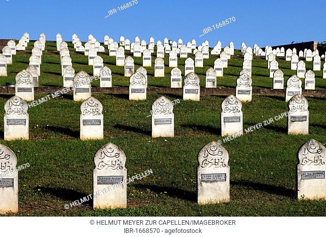 Crosses with names of soldiers from Arab countries in the military cemetery on Blutberg hill, Sigolsheim, Alsace, France, Europe