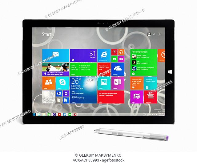 Microsoft Surface Pro 3 tablet computer with a pen isolated on white background with clipping path