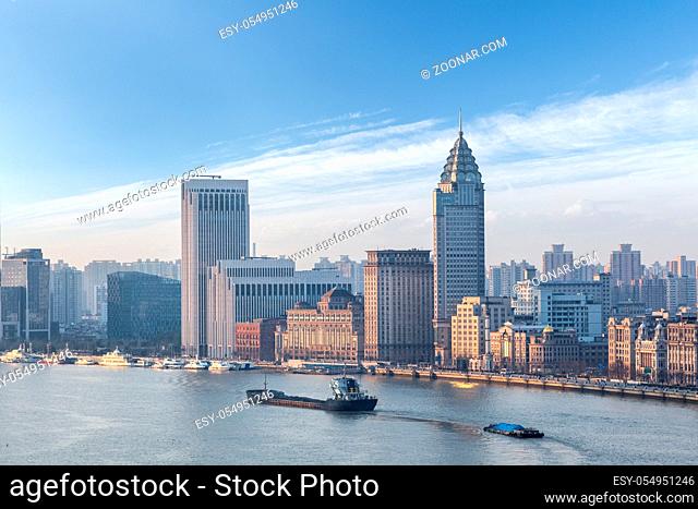 urban landscape the bund and huangpu river, beautiful shanghai in early morning