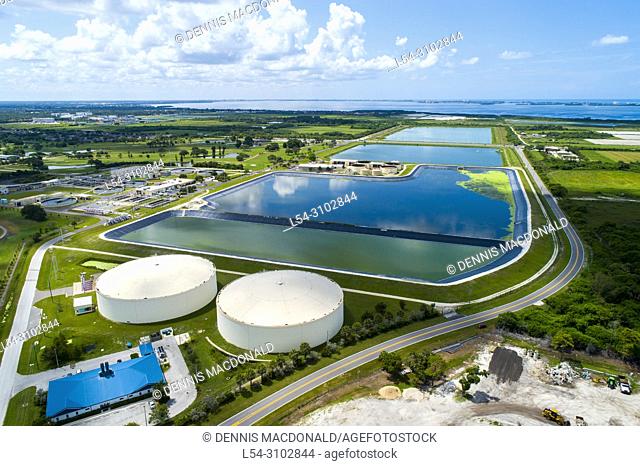 Modern lagoon waste water style sewage treatment plant in Bradenton Florida fl where normal household sewage is treated and filtered and recycled for future...