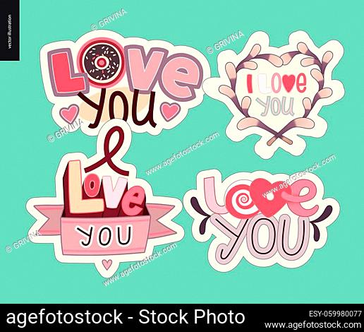 Set of contemporary girlie Love You letter logo. A set of vector patches, logo and letter composition. Vector stickers kit