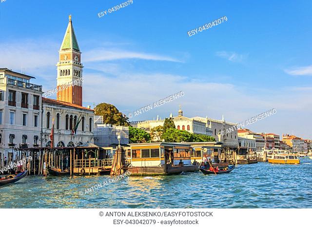 San Marco Campanile and Doge's Palace, view from the canal, Venice, Italy