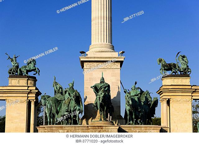Millennium Monument with equestrian statue of Prince Árpád, Heroes' Square, Budapest, Hungary