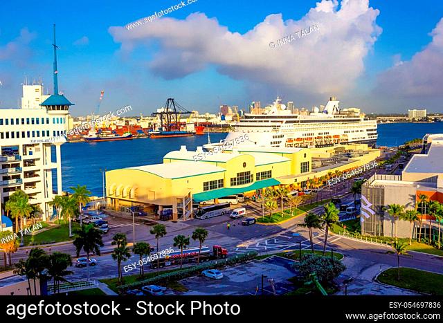 Fort Lauderdale - December 1, 2019: The view from a cruise ship of terminal at Port Everglades, in Ft. Lauderdale, Florida of the channel and beach