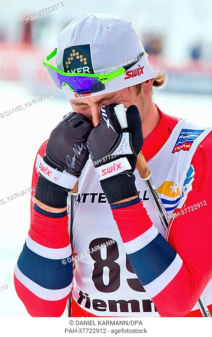 Petter Northug of Norway cries after winning the cross country men 15 km free individual at the Nordic Skiing World Championships in Val di Fiemme, Italy