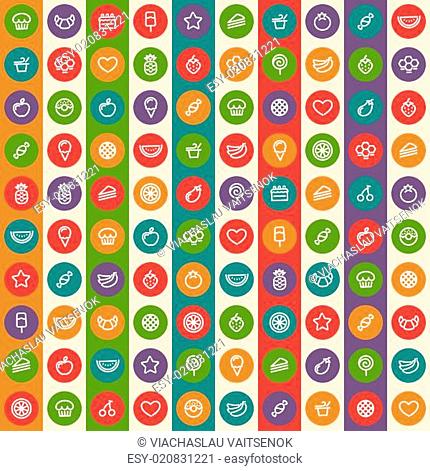 Color Striped Seamless Pattern with Dessert and Fruits Icons
