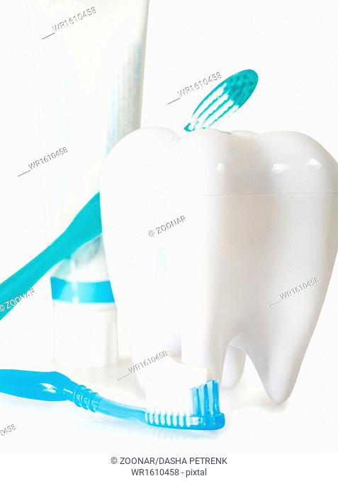 Tooth brushes with mint, tooth paste and dental floss isolated on white