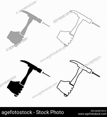 Hammer hits nail in hand claw holding Fixing and repairing working tools set icon grey black color vector illustration image simple flat style solid fill...