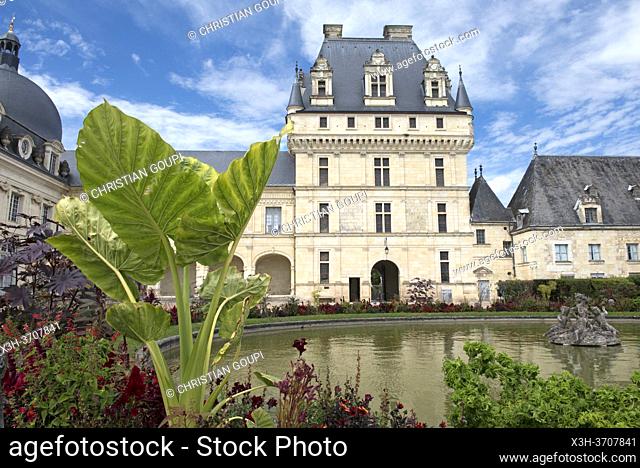 Pond in the Court of honor and Renaissance facade of the Chateau of Valencay, Valencay, Department of Indre, Historic Province of Berry